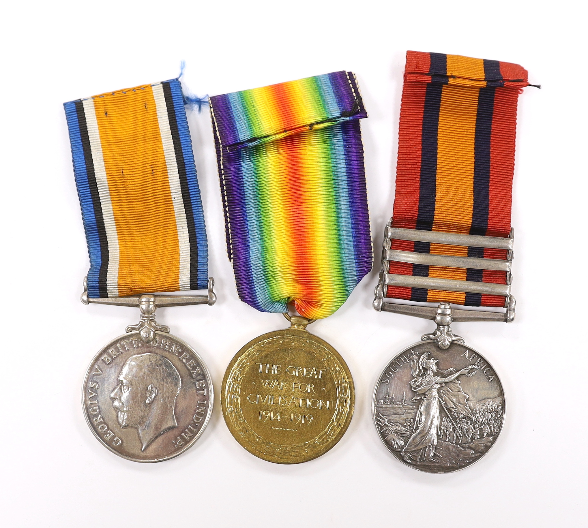 A Boer War medal group to Pte. G. Wickham Rifle Brigade, comprising; the Queen’s South Africa medal with three bars; Relief of Ladysmith, Tugela Heights and Cape Colony, together with the First World War pair comprising